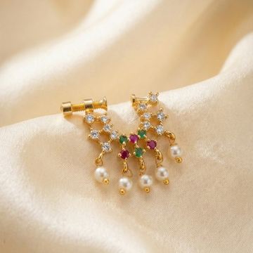 Gold Pink, Green & White Stone Geometric Nose Pin