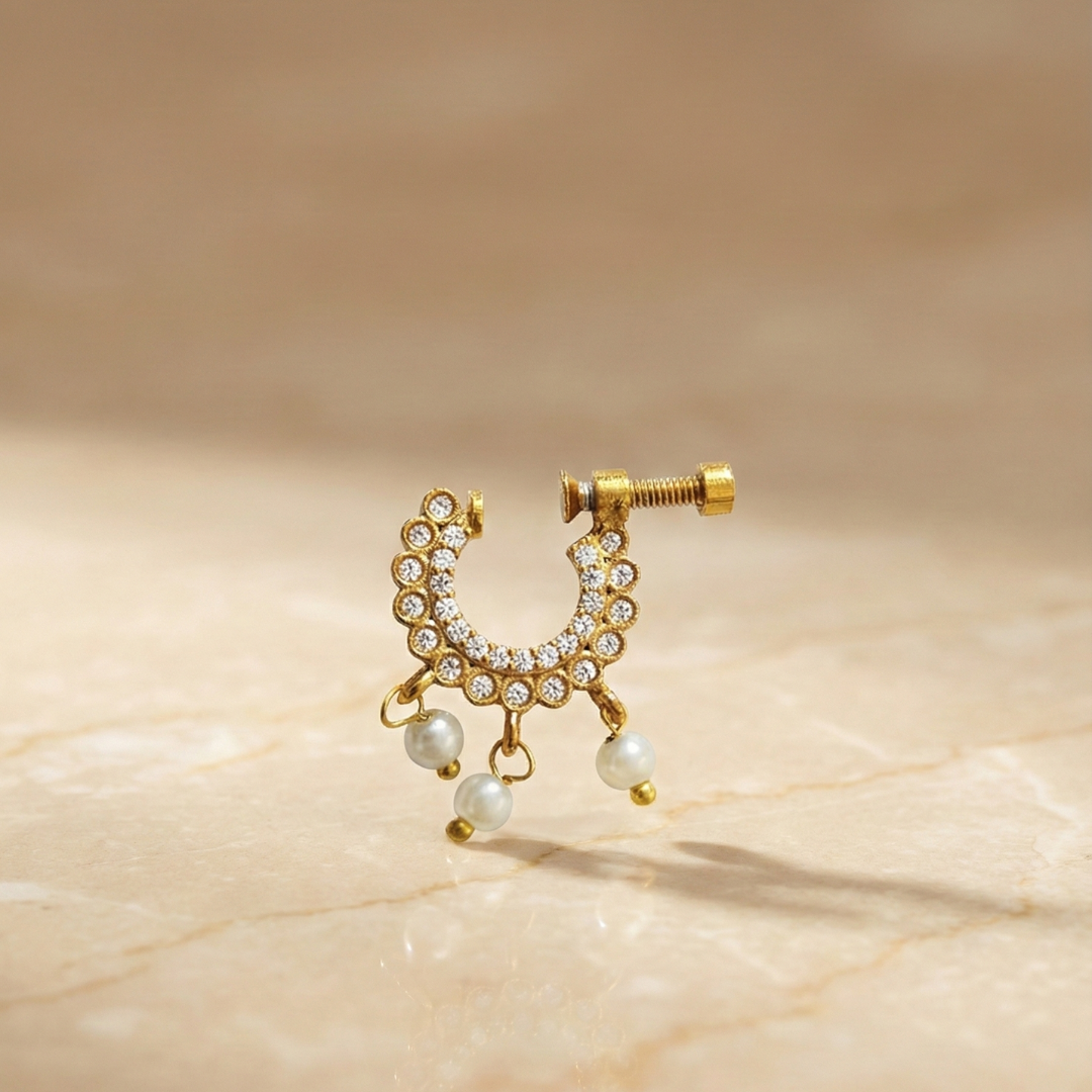 Gold  White Stone Half-Hoop Nose Pin