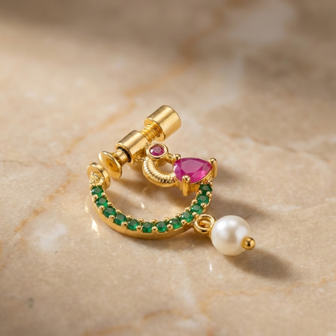 Gold  Peacock  Nose Pin with Green Stones