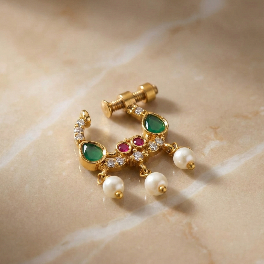 Gold Nose Pin with Green & Pink Stones