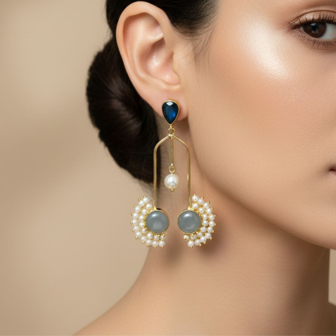 Blue & Grey Monalisa Stone Drop Earrings