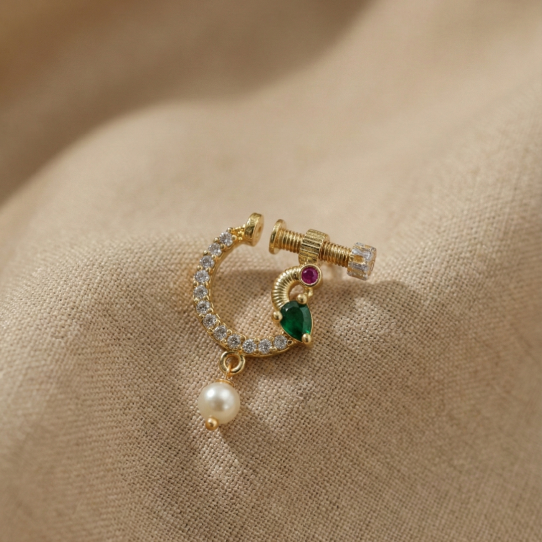 Gold Peacock Nose Pin with Green & Pink Stones