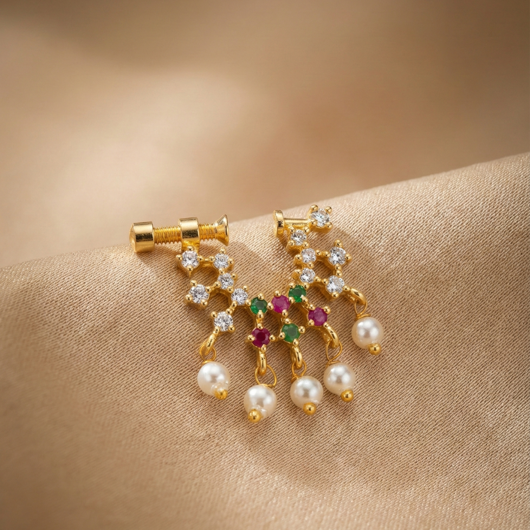 Gold Pink, Green & White Stone Geometric Nose Pin