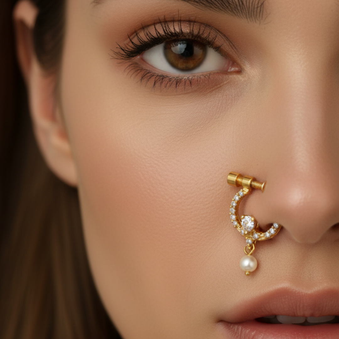 Gold  Green & Pink AD Stone Nose Pin