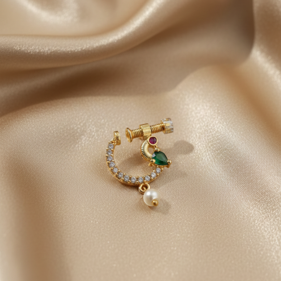 Gold Peacock Nose Pin with Green & Pink Stones