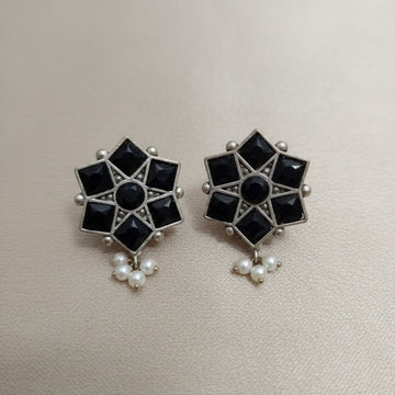 Brass Black Floral Stud Earrings