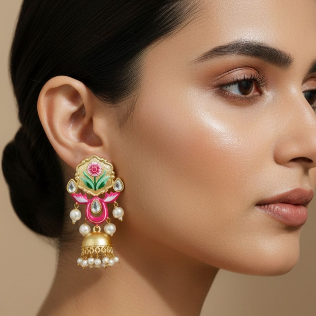 Pink & Green Hand-Painted Floral Kundan Jhumki Earrings