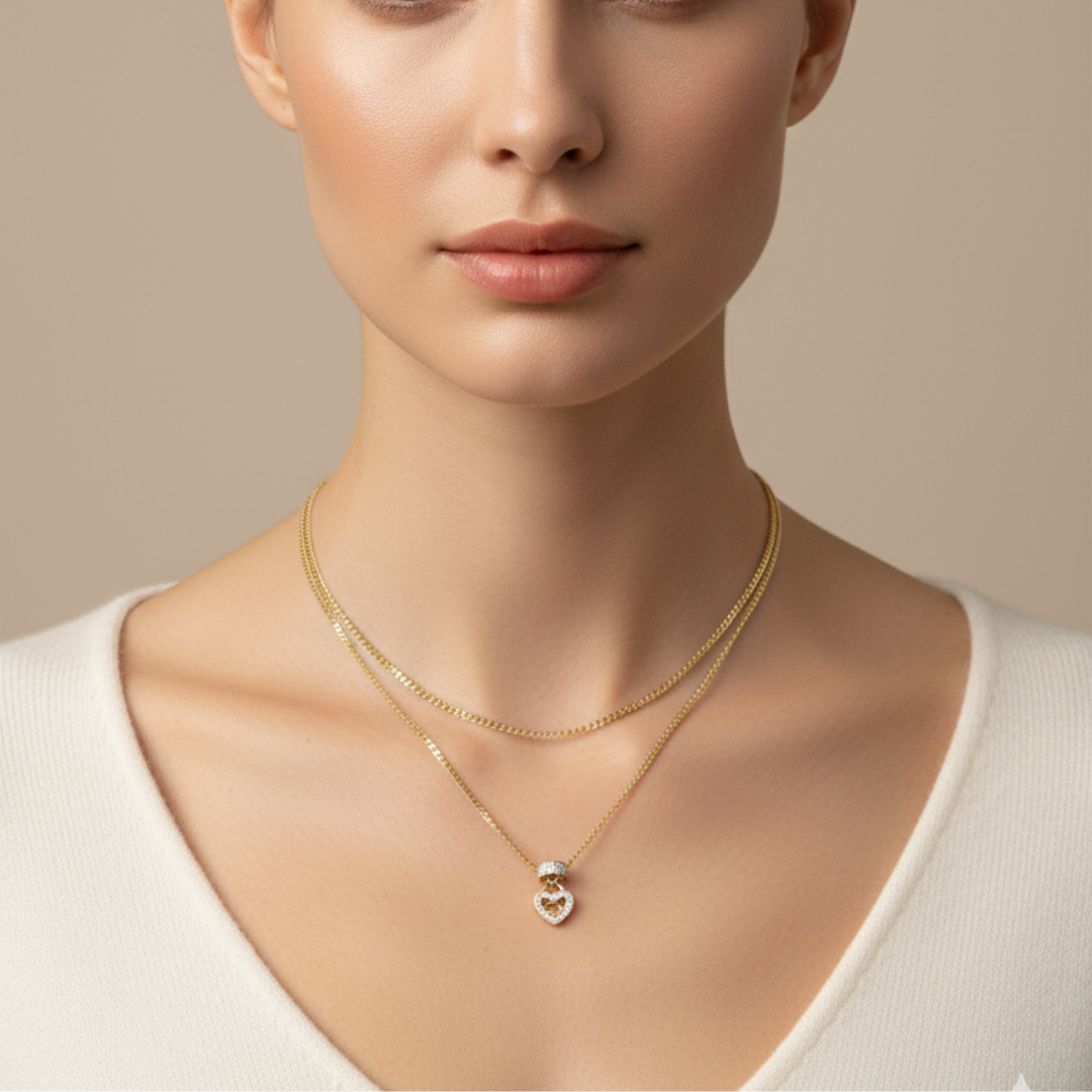 Gold Double Layer Heart Pendant Necklace