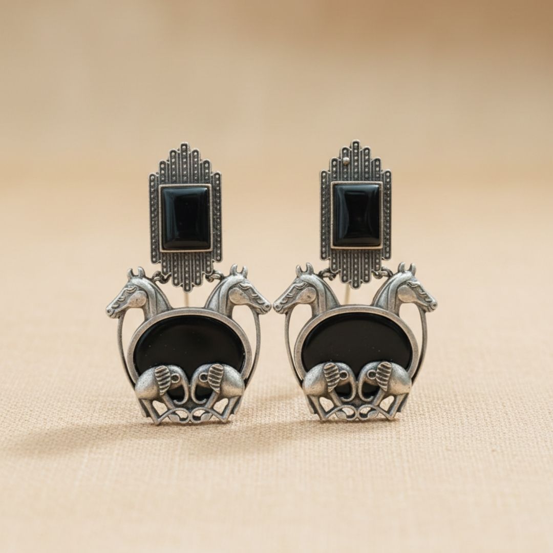 Oxidised Silver Horse Motif Earrings with Black Stones
