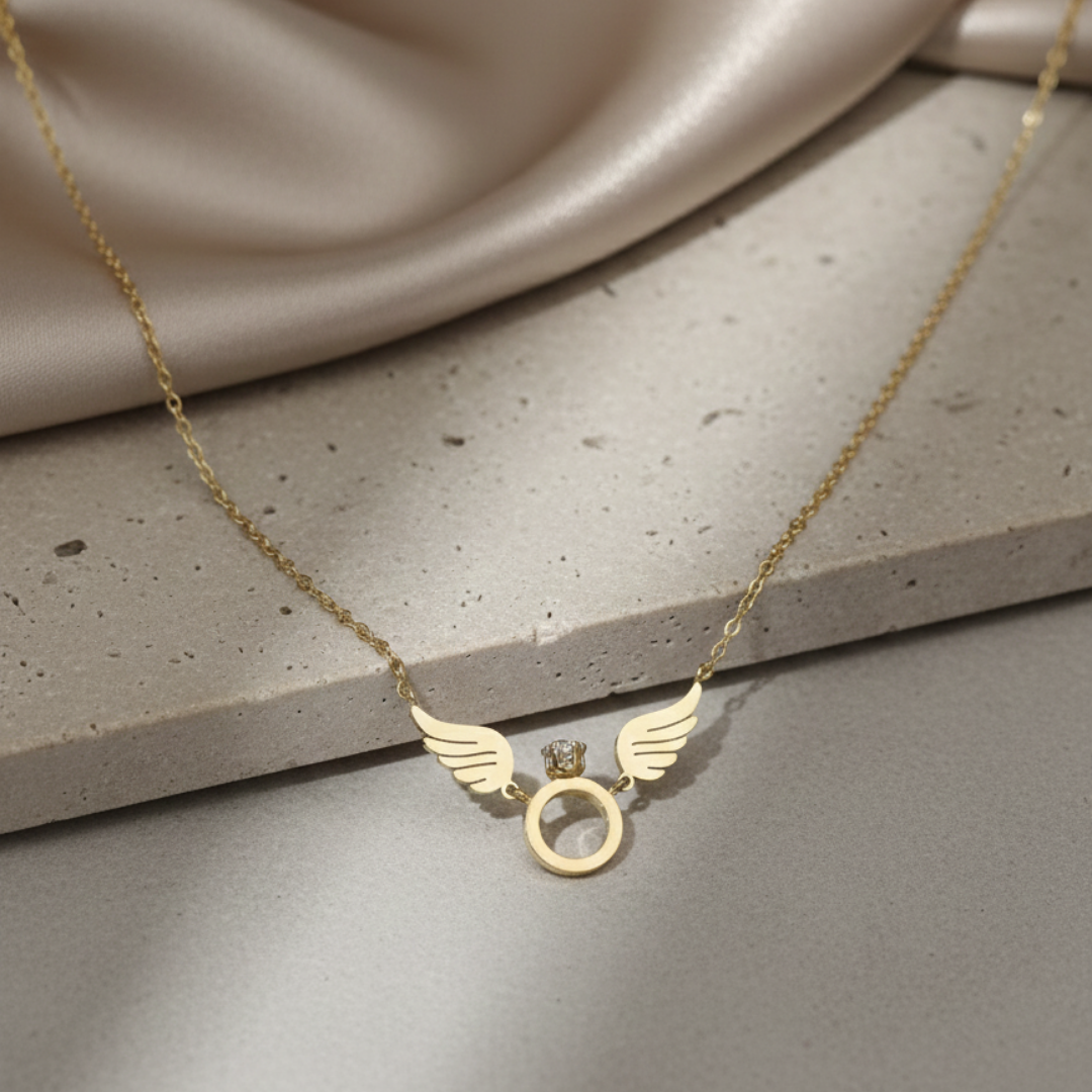 Gold Angel Wing Circle Pendant Necklace