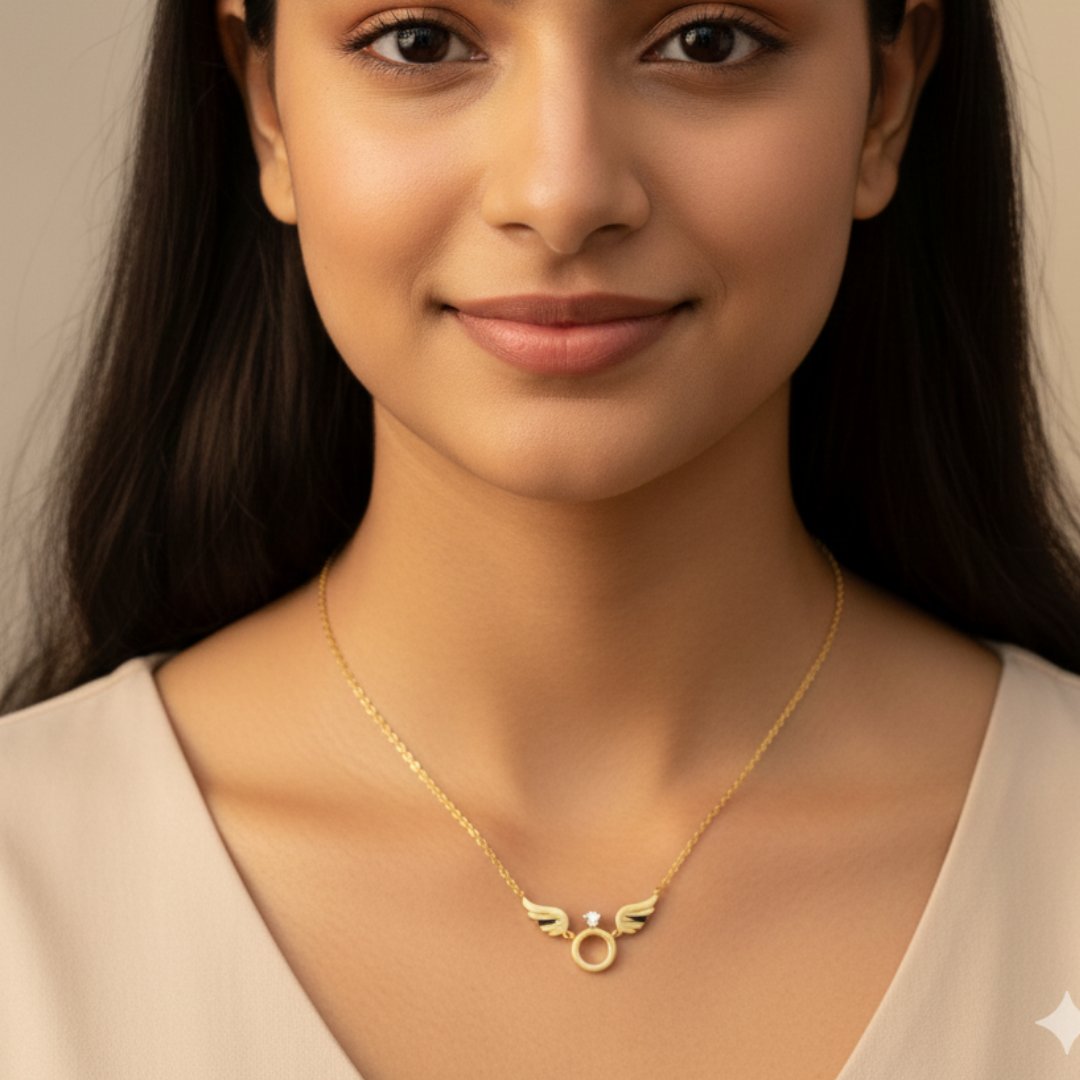 Gold Angel Wing Circle Pendant Necklace