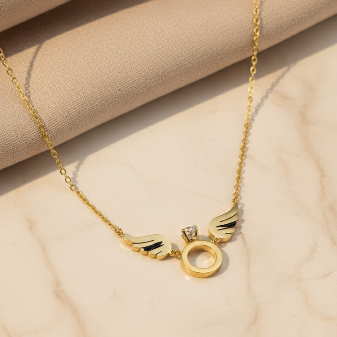 Gold Angel Wing Circle Pendant Necklace