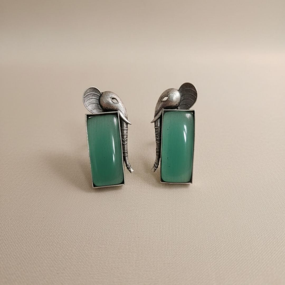 Oxidised Silver Elephant Earrings with Green Stone