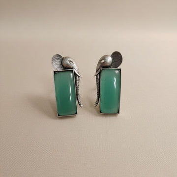 Oxidised Silver Elephant Earrings with Green Stone