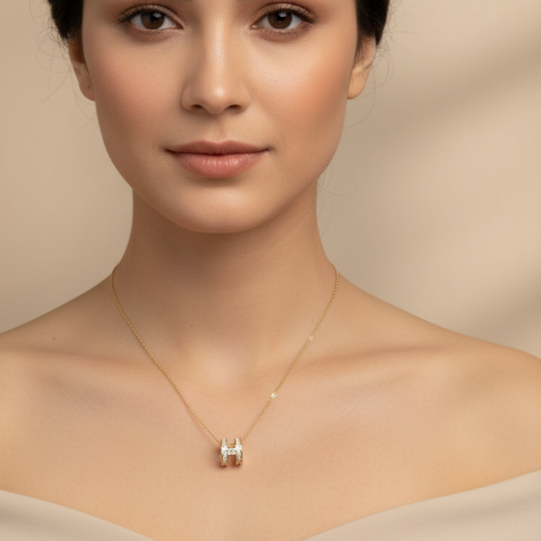 Minimal Gold 3D H Necklace with Zircon Stones
