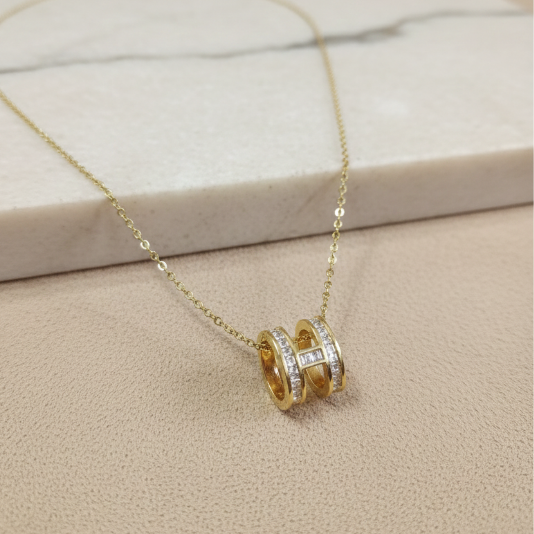 Minimal Gold 3D H Necklace with Zircon Stones