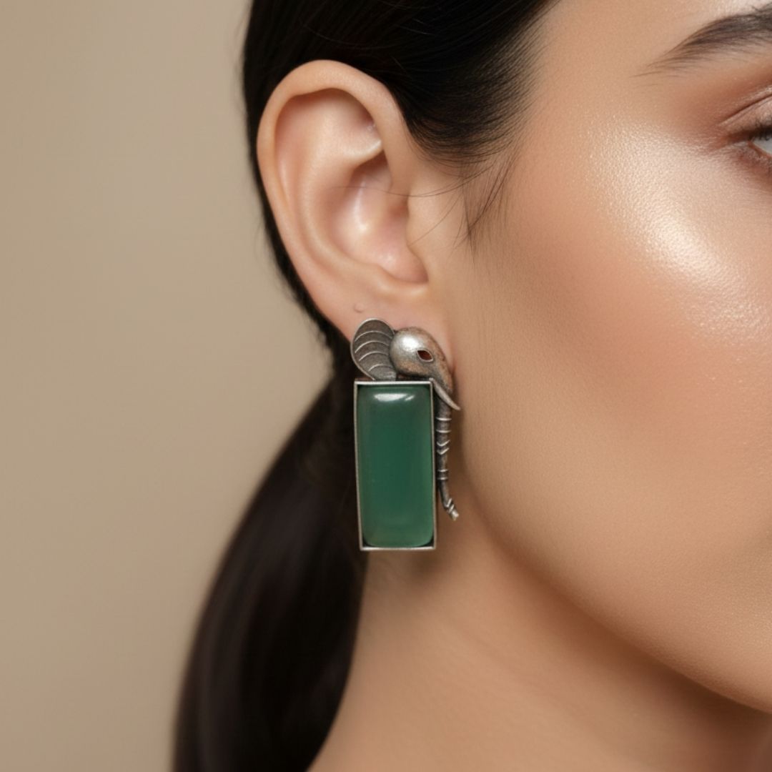 Oxidised Silver Elephant Earrings with Green Stone