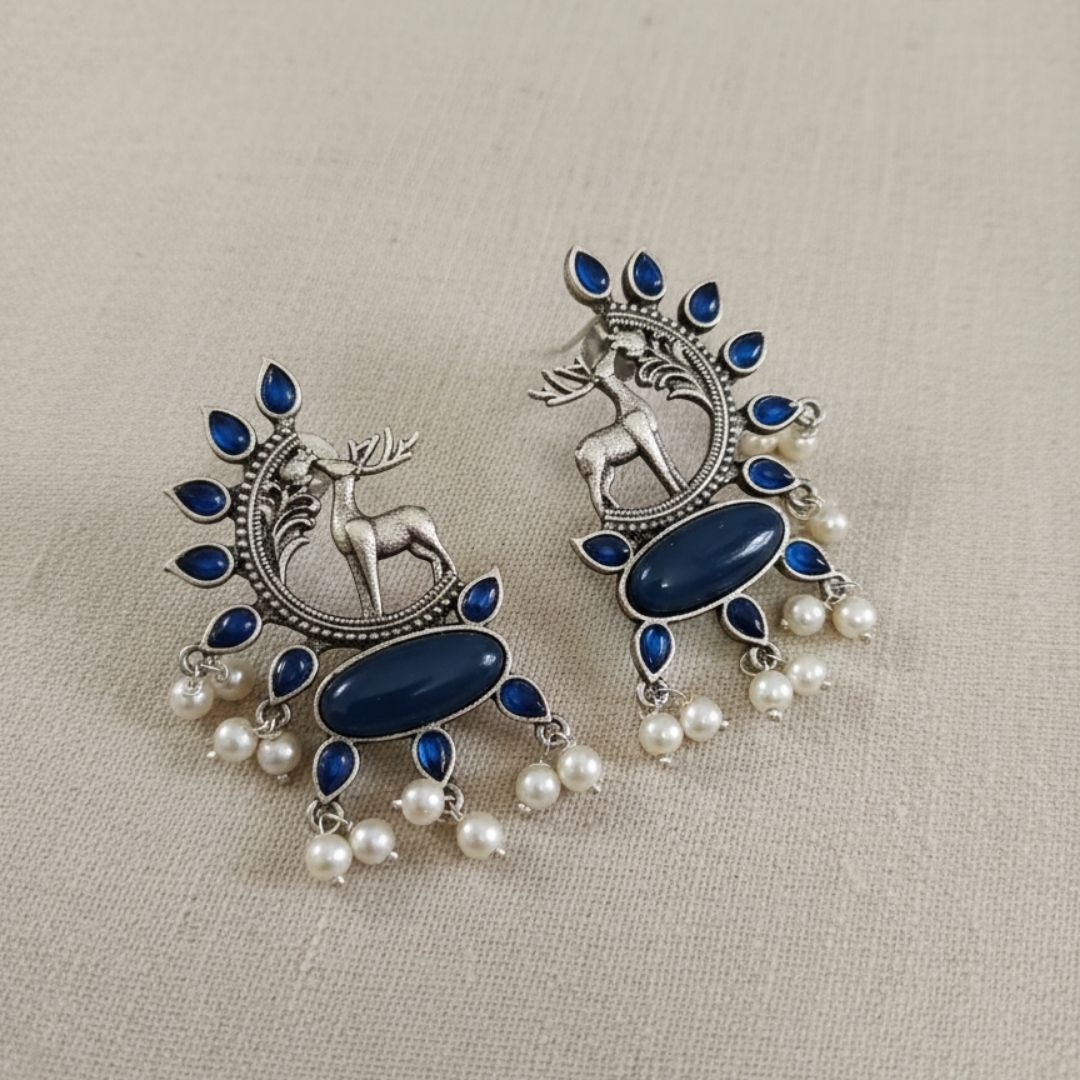 Oxidised Silver Deer Earrings with Blue Stones & Pearl Drops
