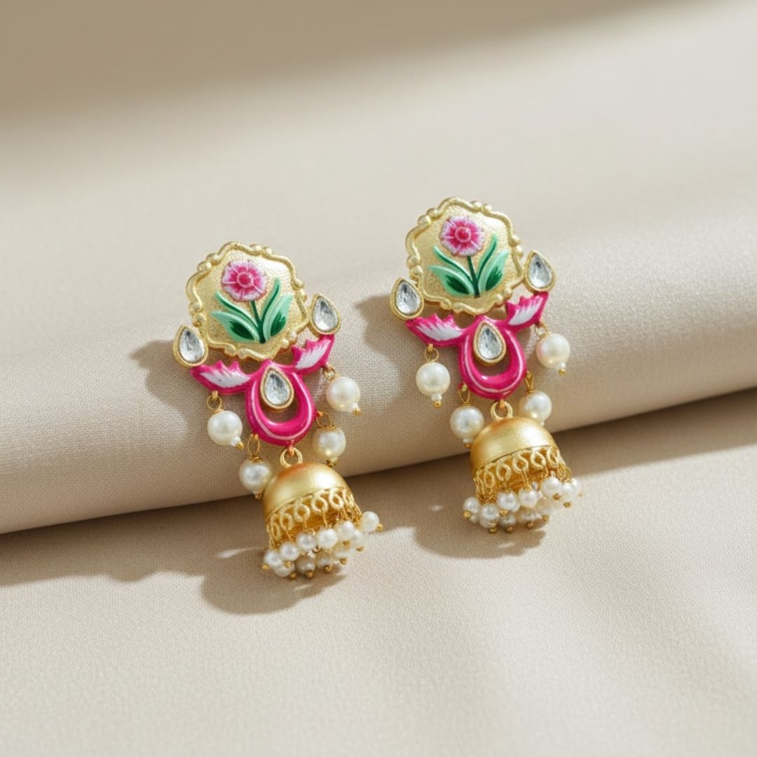 Pink & Green Hand-Painted Floral Kundan Jhumki Earrings