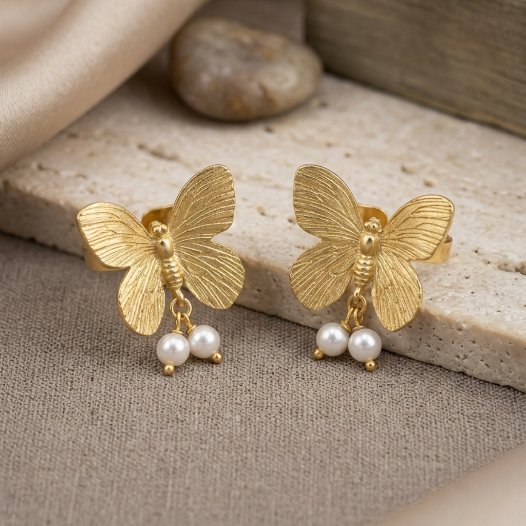 Brass Gold Butterfly Pearl Ear Cuff – Pair