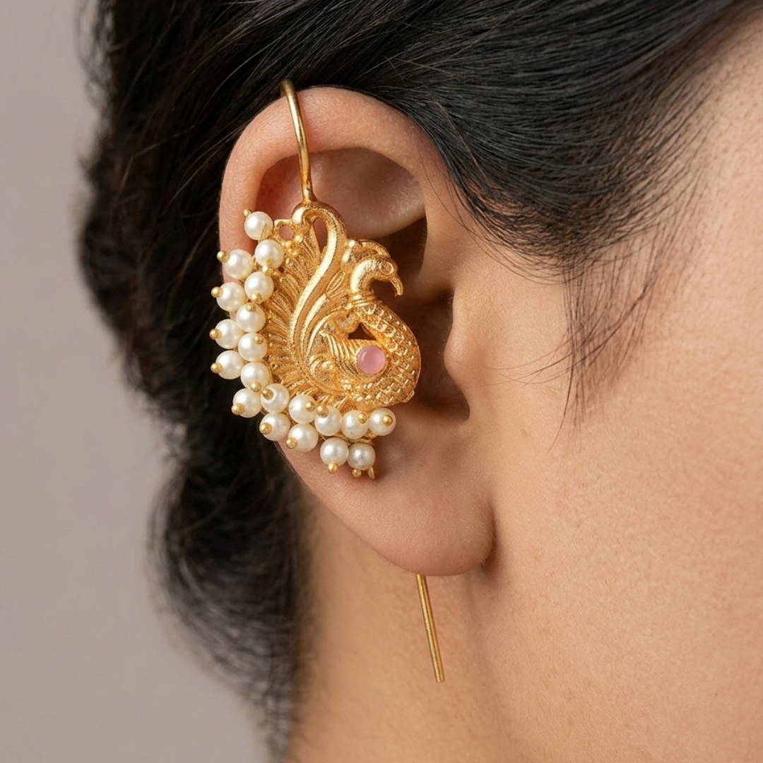 Brass Gold Peacock Pearl Ear Cuff – Pair