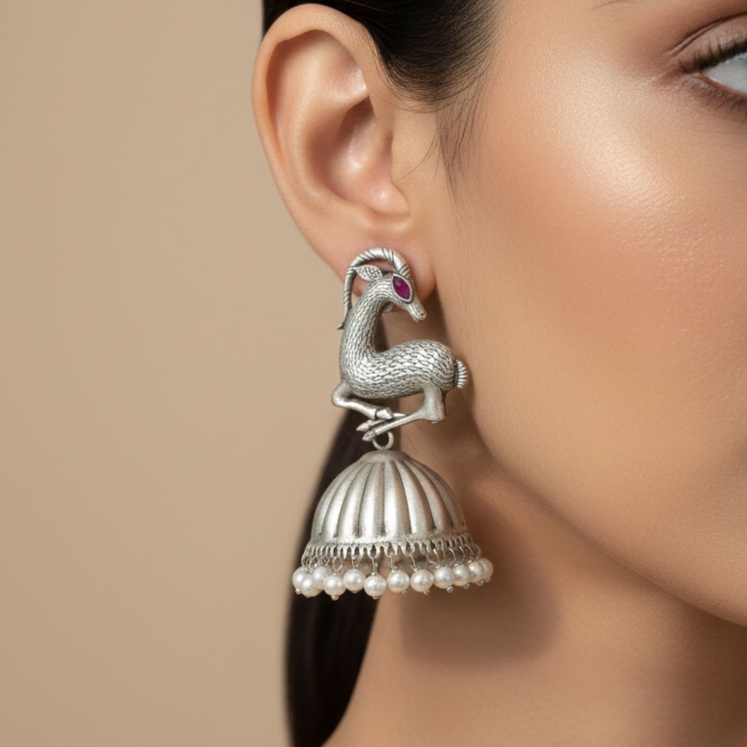 Oxidised Silver Deer Jhumka Earrings with Pearl Drops