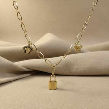 Trendy Gold Link Chain Necklace with Lock & Charms
