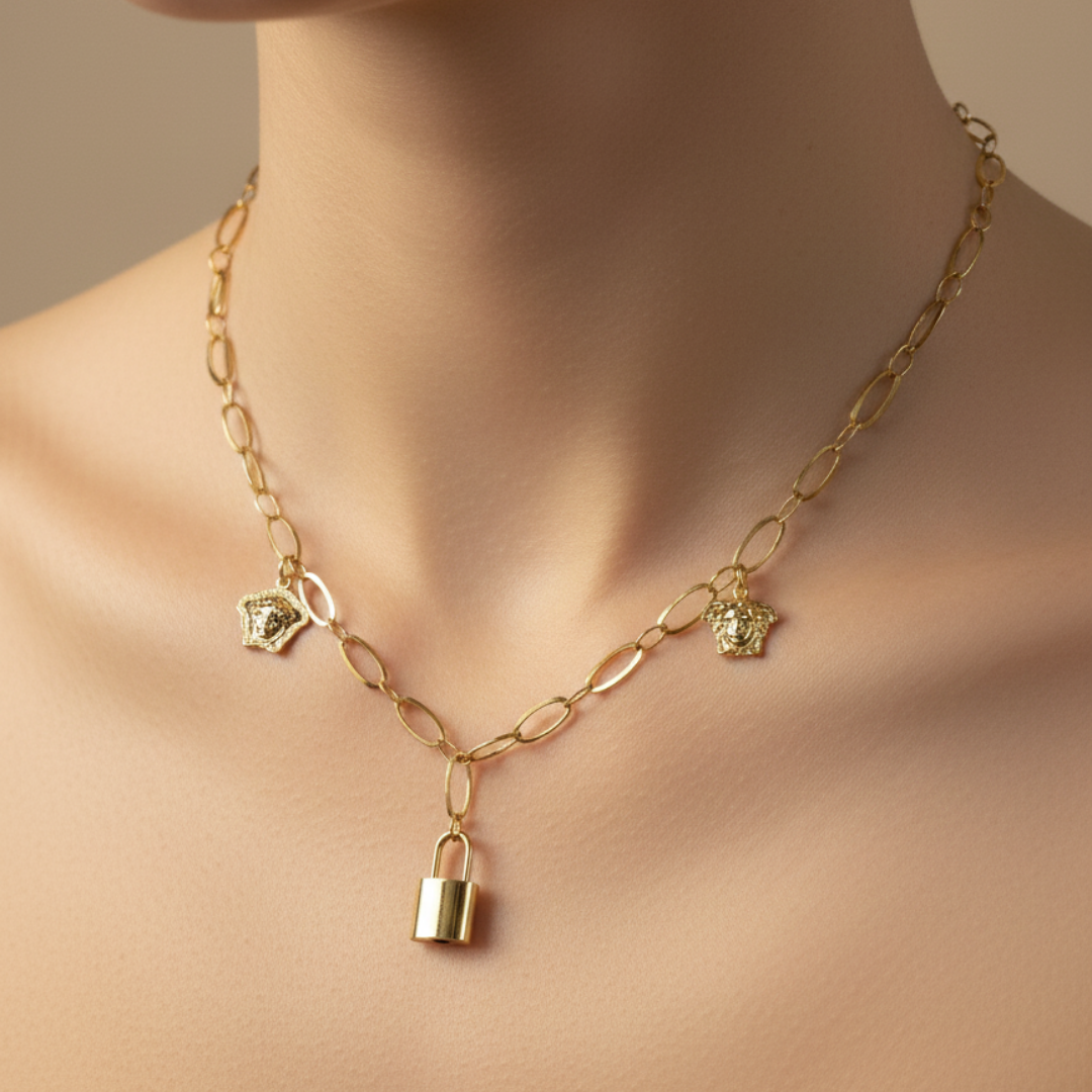 Trendy Gold Link Chain Necklace with Lock & Charms