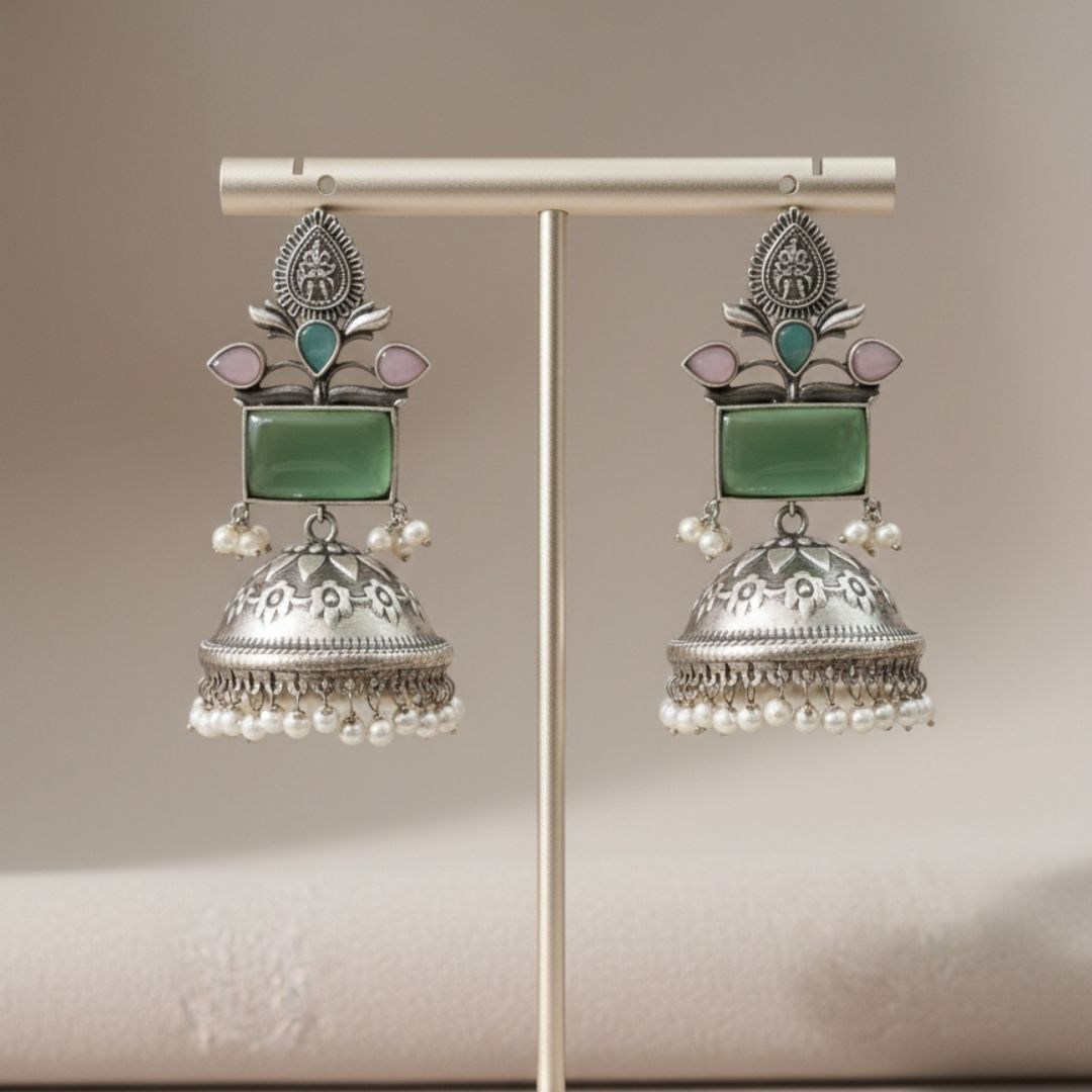 Oxidised Silver Jhumka Earrings with Green Stone & Pastel