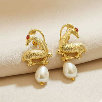 Deer Pearl Earrings | Gold Shine Brass Earrings