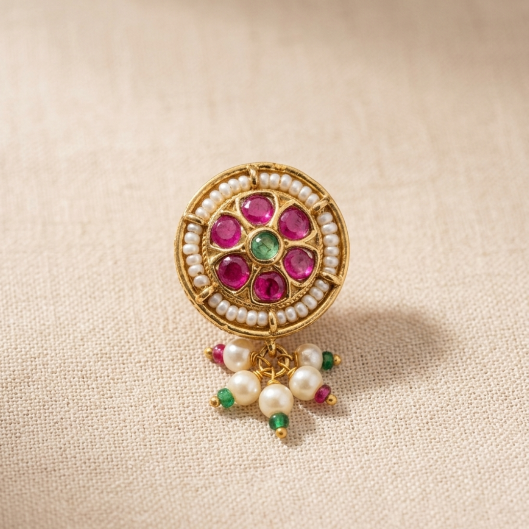 Round Kundan Pearl Drop Nose Pin