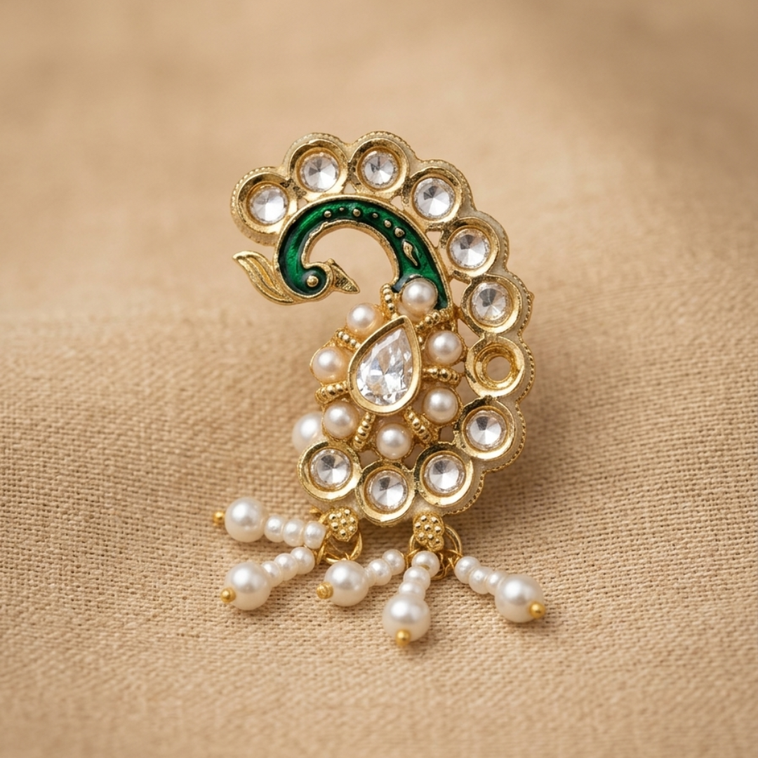 Peacock Kundan Pearl Drop Nose Pin
