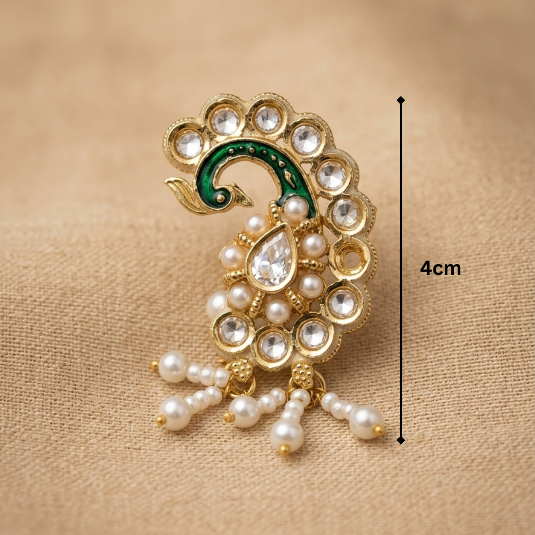 Peacock Kundan Pearl Drop Nose Pin