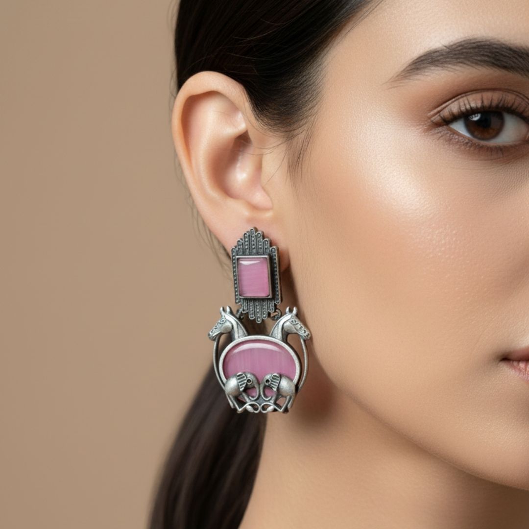 Oxidised Silver Horse Motif Earrings with Pink Stones
