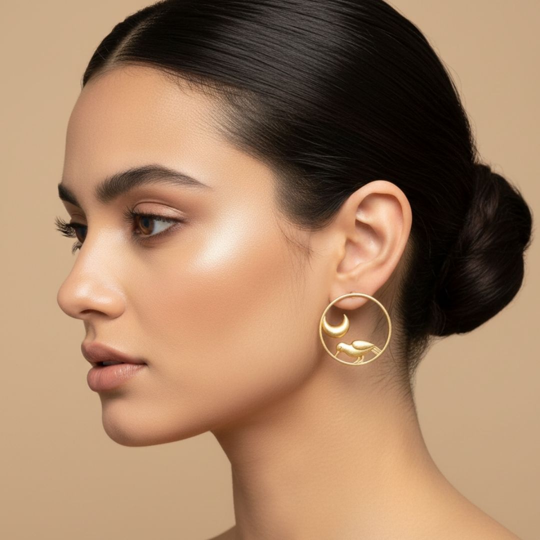 Golden Bird & Crescent Hoop Earrings