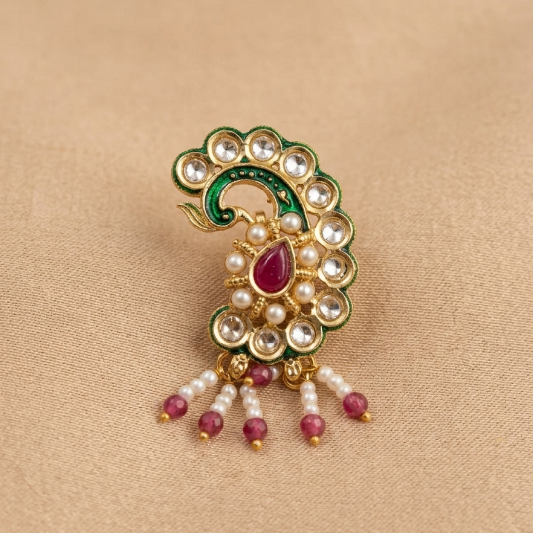 Peacock Kundan Pearl Drop Nose Pin