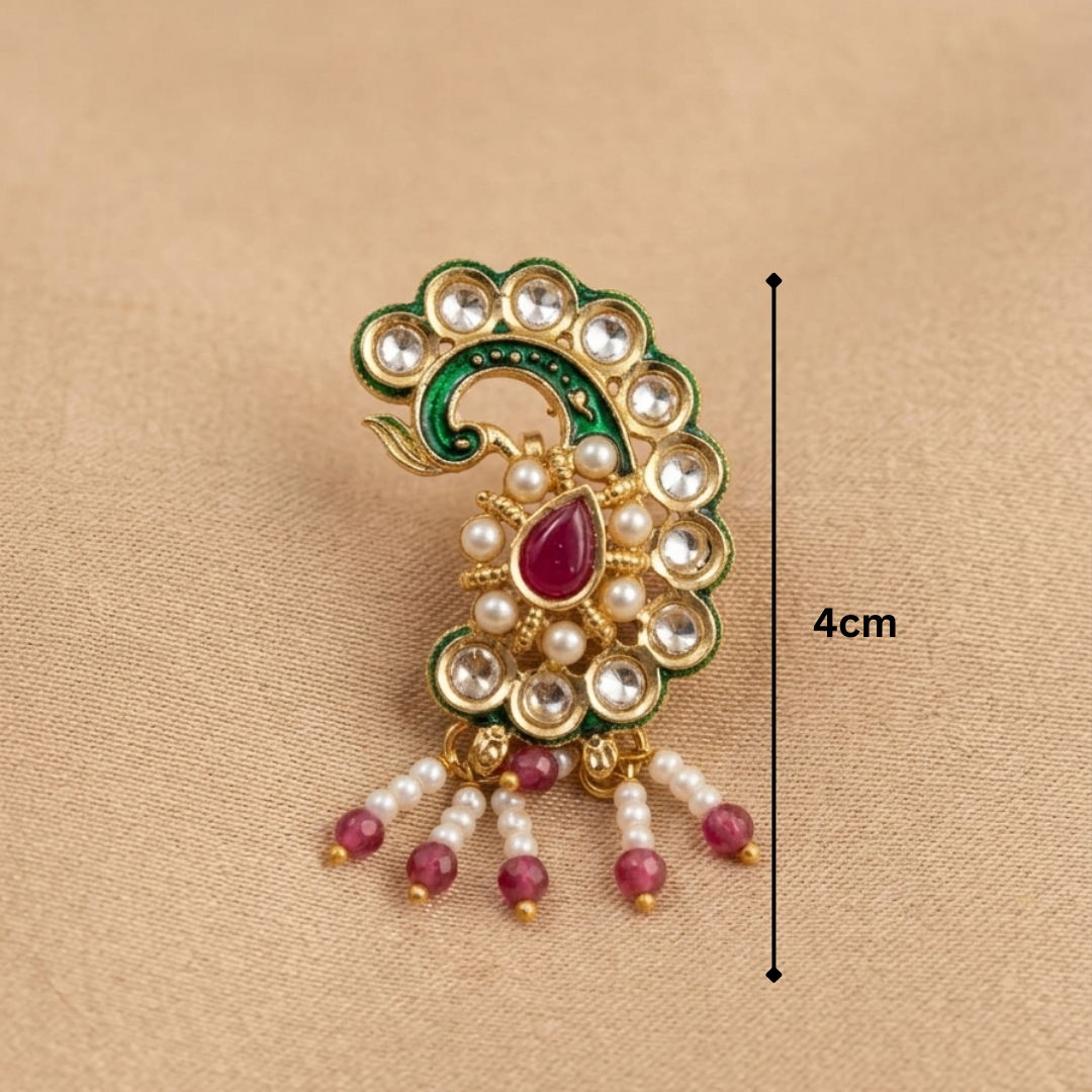 Peacock Kundan Pearl Drop Nose Pin