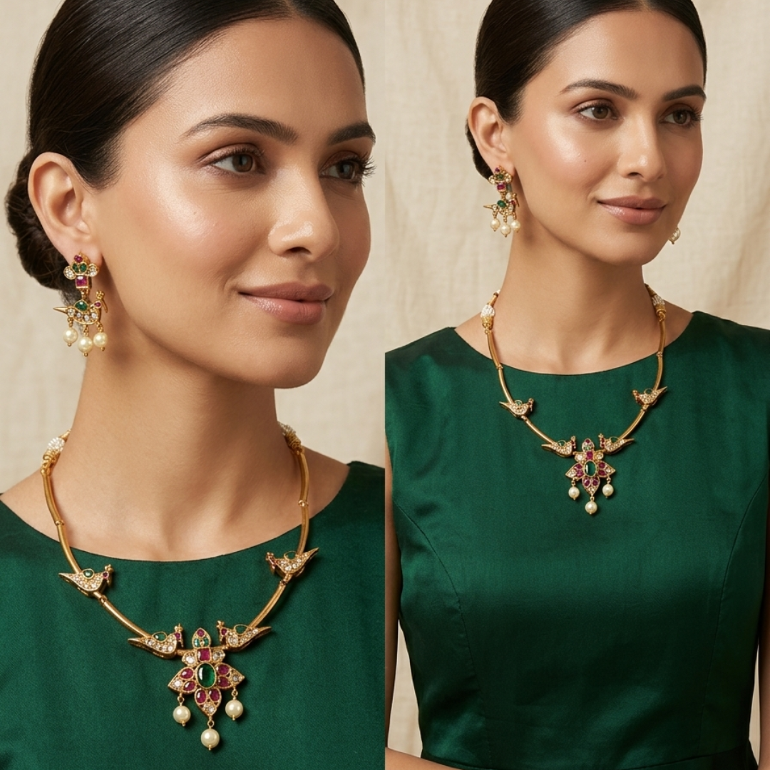 Peacock Kundan Pearl Necklace Set