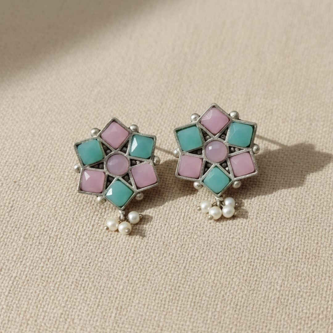 Pastel Pink & Mint Green Floral Stud Earrings
