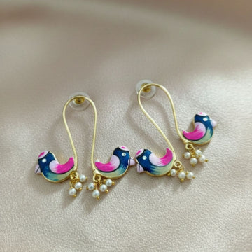 Blue & pink-Hand-Painted Bird Drop Earrings