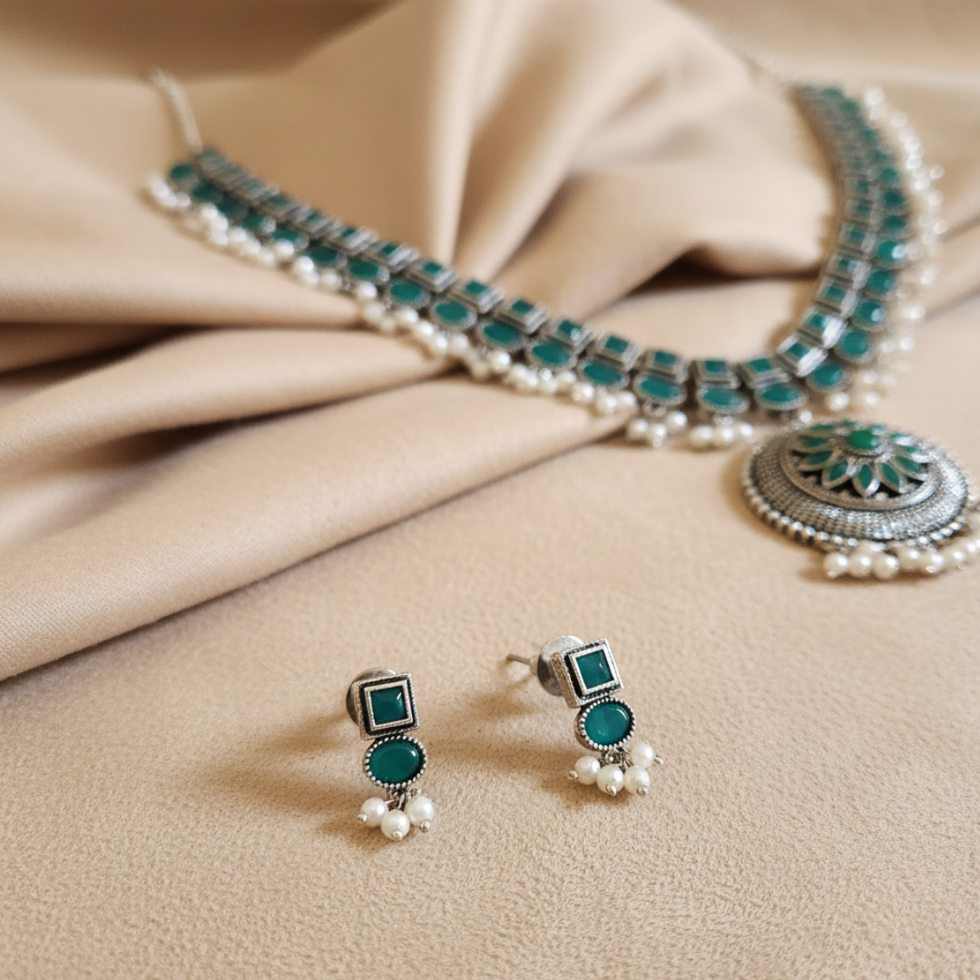 Brass Green Stone Necklace with earrings