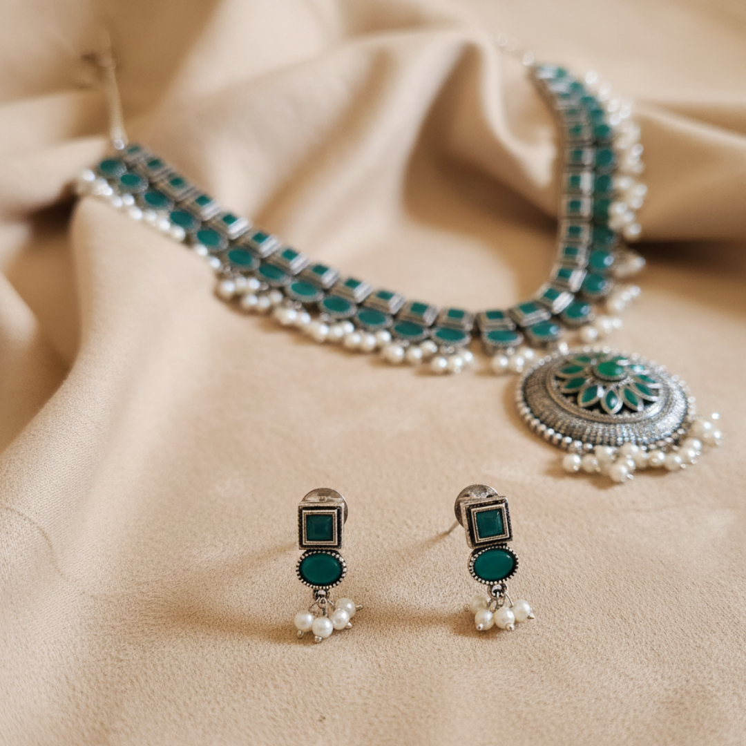 Brass Green Stone Necklace with earrings