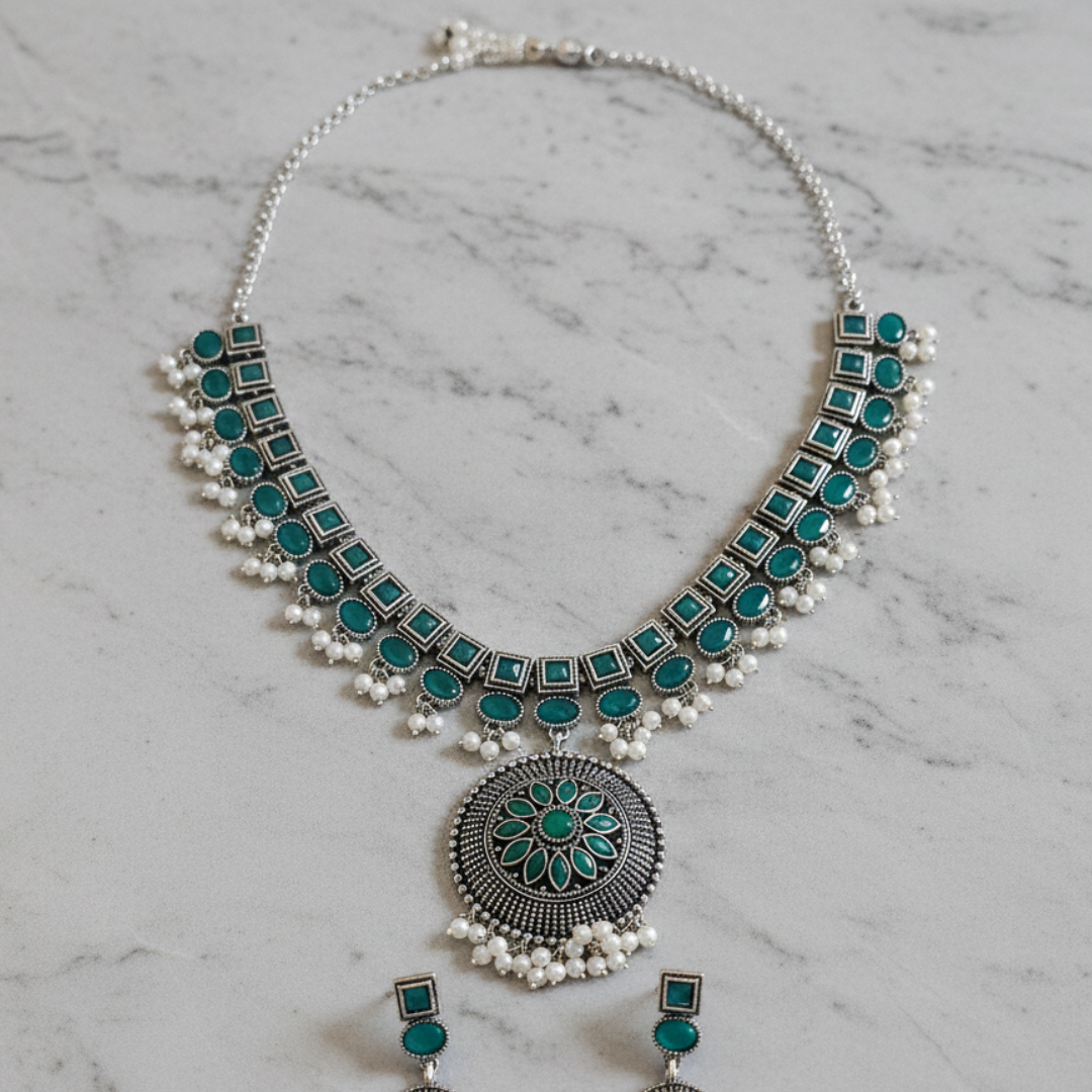 Brass Green Stone Necklace with earrings