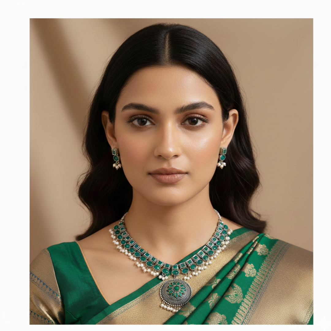 Brass Green Stone Necklace with earrings