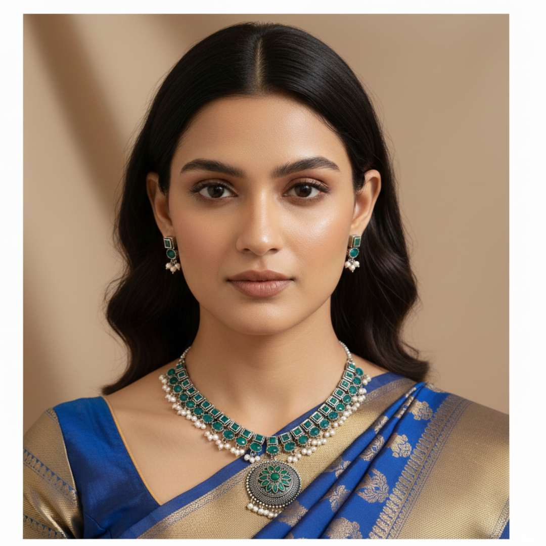 Brass Green Stone Necklace with earrings