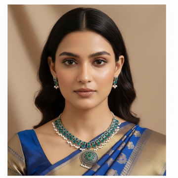Brass Green Stone Necklace with earrings