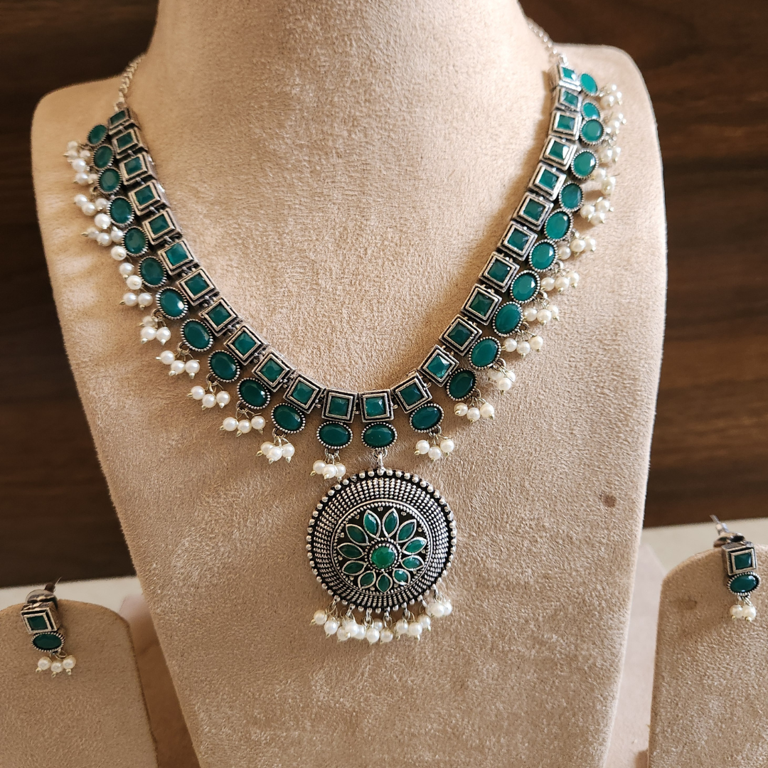 Brass Green Stone Necklace with earrings
