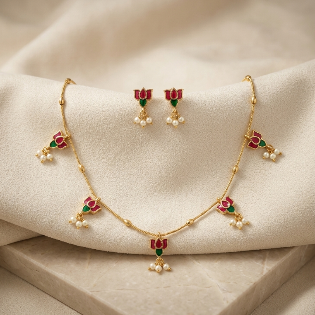 Lotus Pearl Drop Necklace Set