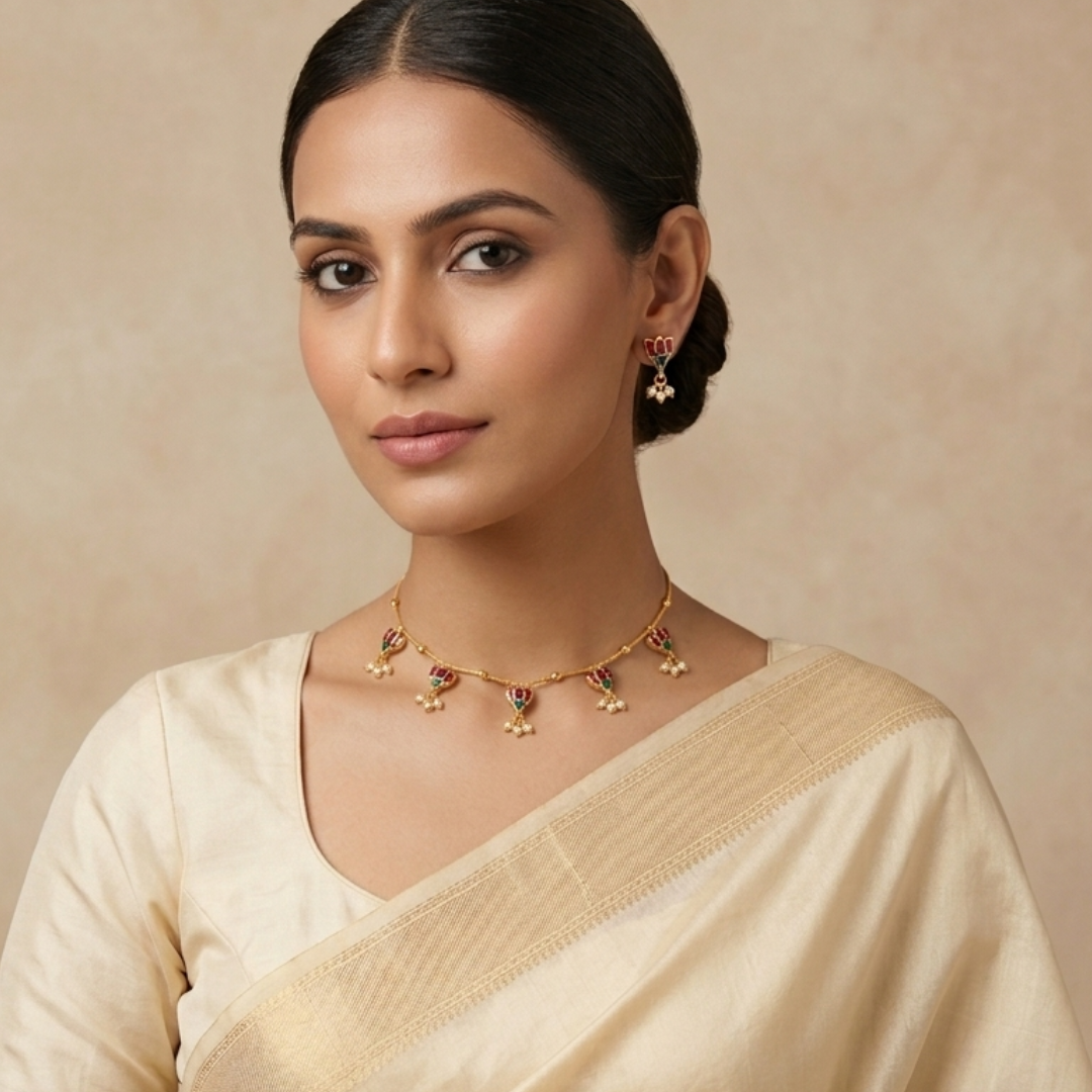 Lotus Pearl Drop Necklace Set