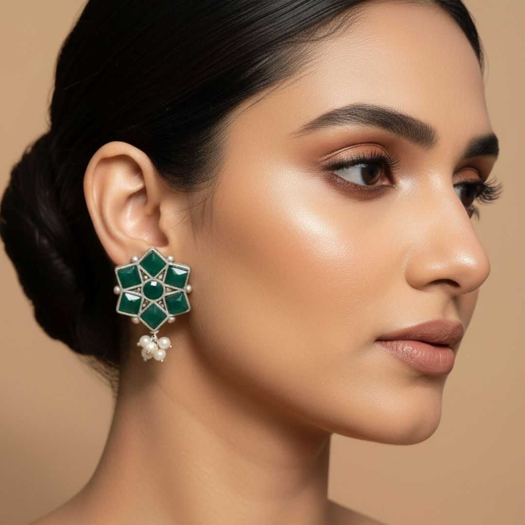 Emerald Green Floral Stud Earrings
